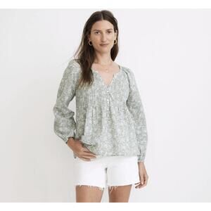 Madewell 100% Cotton Pintuck Peasant Green Sage Piazza Floral Top - Size - Small